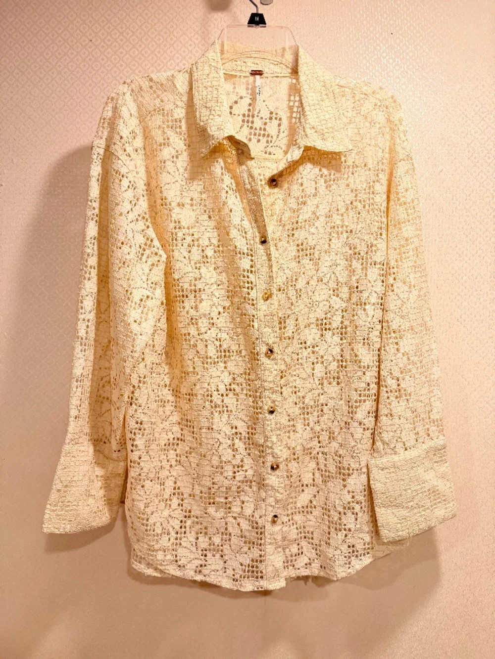 Free People Tea Lace Button Down Long Sleeve Boho Beach Summer Shirt Size Small